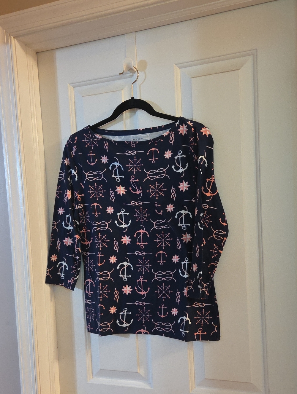 Talbots Navy Nautical Print Top with Pink & White Anchors 3/4 Sleeve Medium Pet